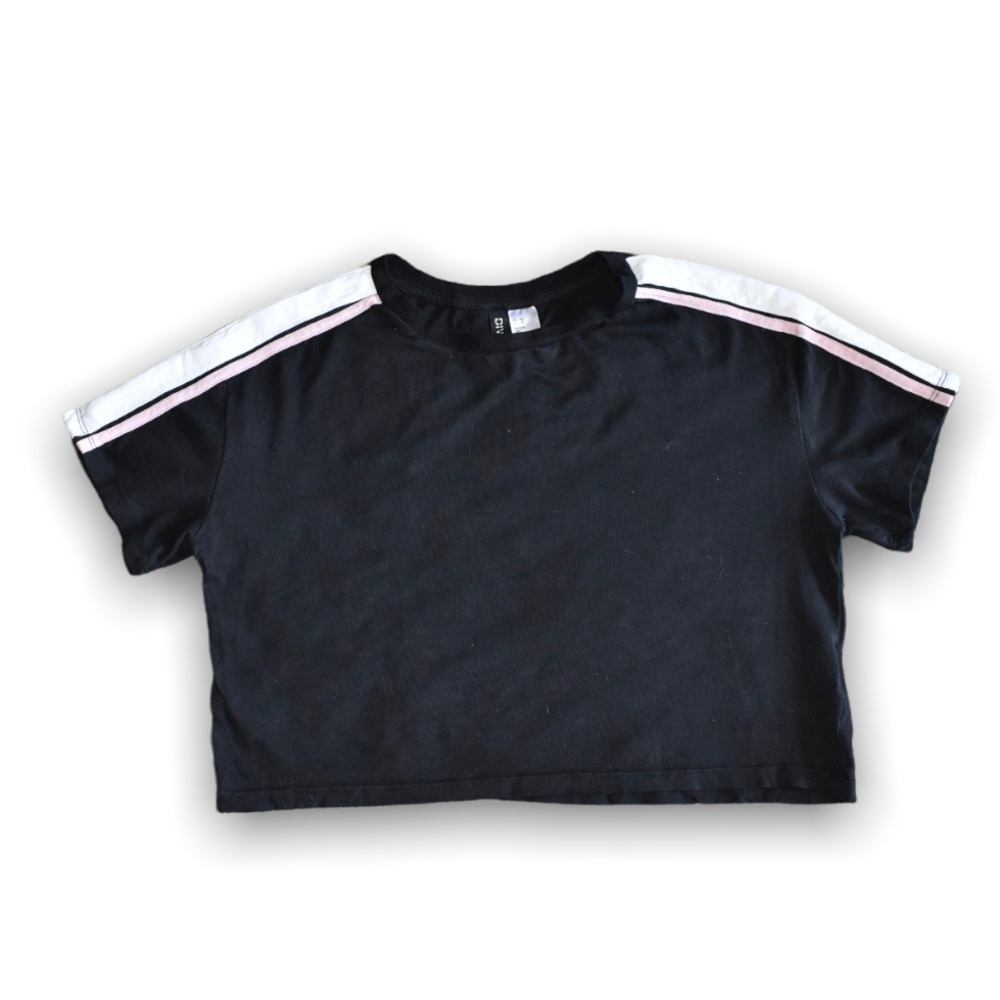 H&M Black Crop Top w/ Pink & White Stripes on Sleeve, Size XS